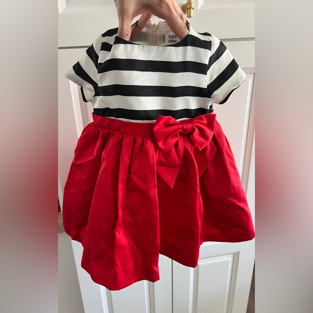 Striped Black and White Dress for a baby girl with Red Bow